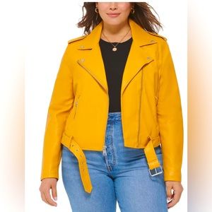 Plus Size 2X Faux Leather Belted Motorcycle Jacket Yellow NEW